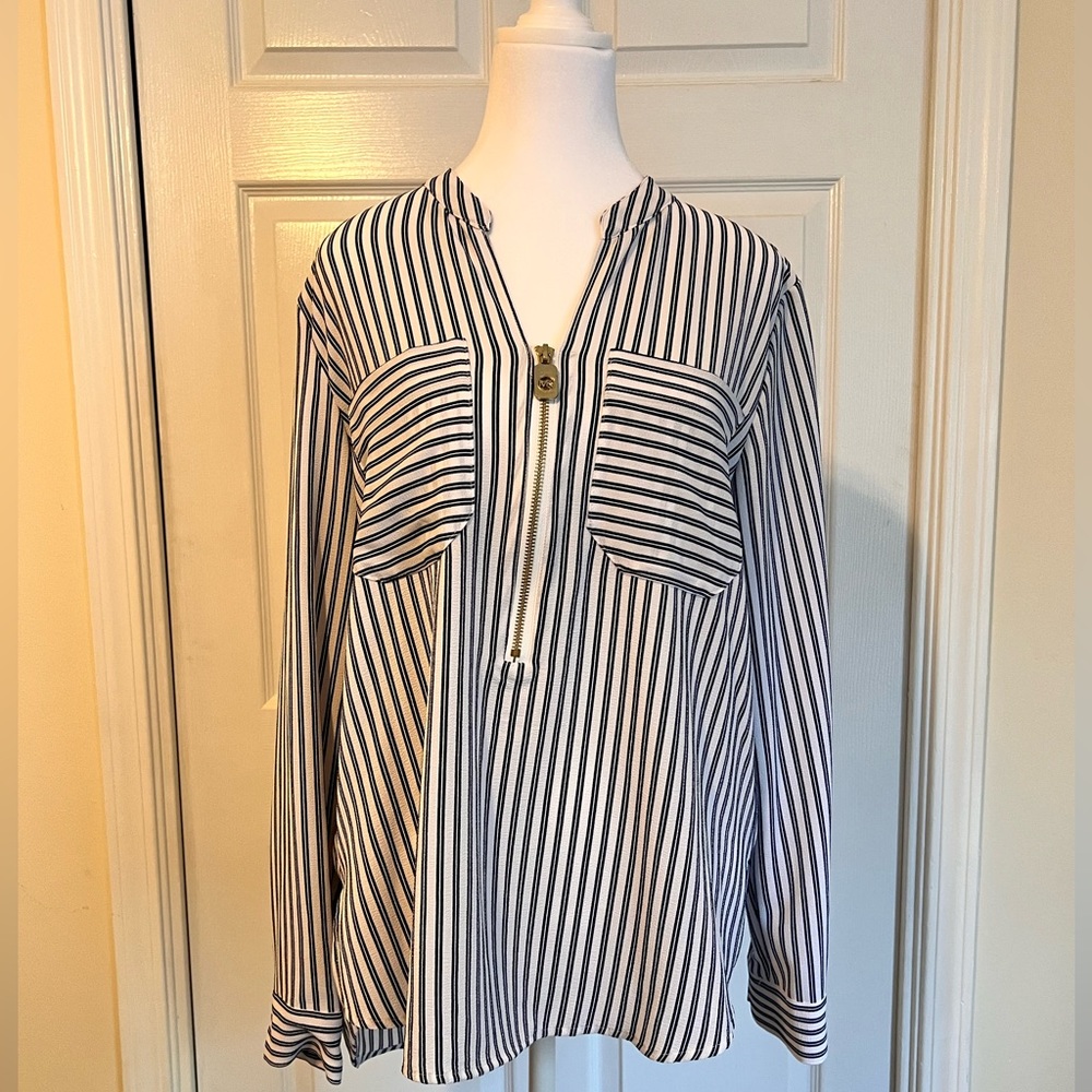 Michael Kors Blouse. Black and White Striped with gold zipper in front